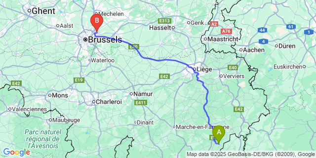 Map: Brussels Zaventem Airport (BRU) to Tavigny
