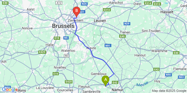 Map: Brussels Zaventem Airport (BRU) to Temploux