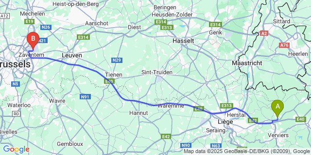 Map: Brussels Zaventem Airport (BRU) to Thimister