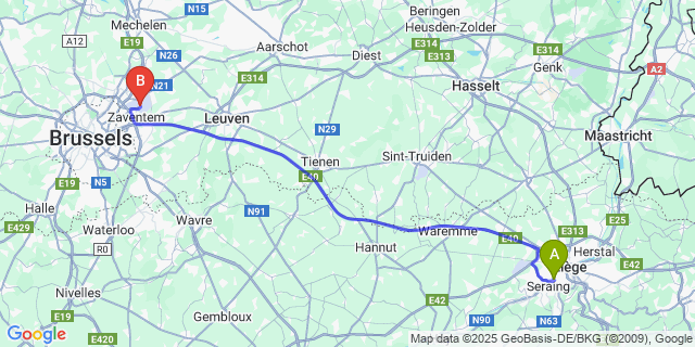Map: Brussels Zaventem Airport (BRU) to Tilleur