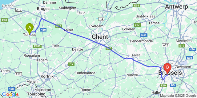Map: Brussels Midi Train Station to Torhout