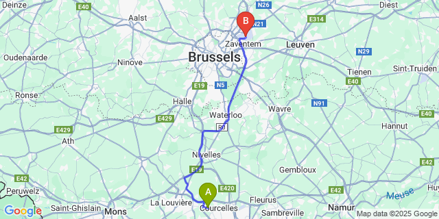 Map: Brussels Zaventem Airport (BRU) to Trazegnies