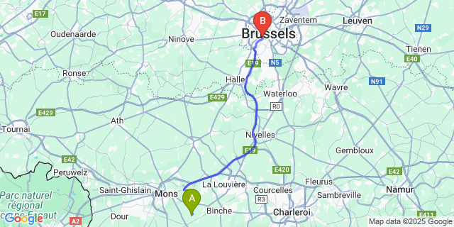 Map: Brussels Midi Train Station to Vellereille-Le-Sec