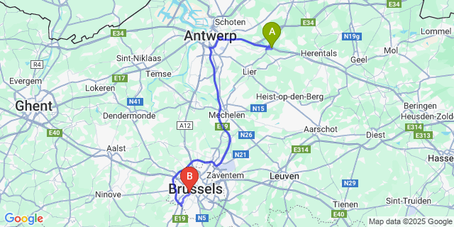 Map: Brussels Midi Train Station to Viersel