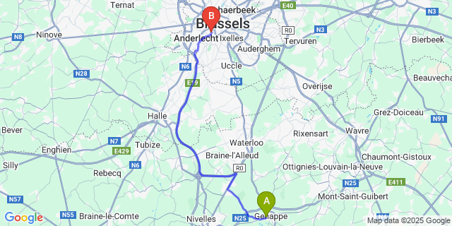 Map: Brussels Midi Train Station to Vieux-Genappe