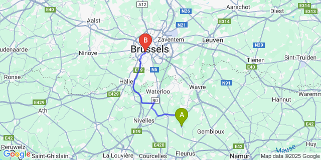 Map: Brussels Midi Train Station to Villers-la-Ville