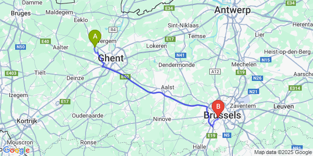 Map: Brussels Midi Train Station to Vinderhoute