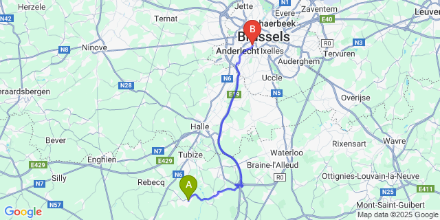 Map: Brussels Midi Train Station to Virginal-Samme