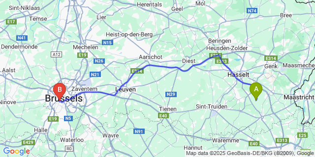 Map: Brussels Midi Train Station to Vliermaal