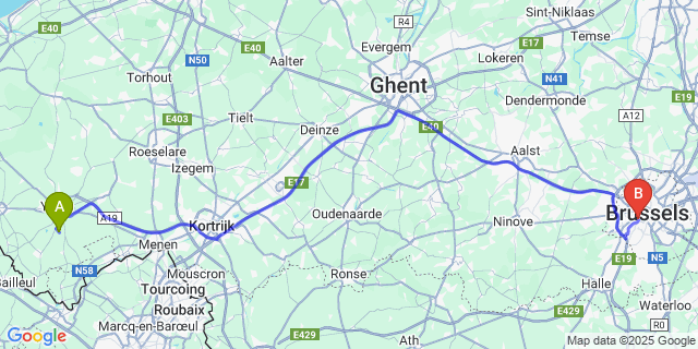 Map: Brussels Midi Train Station to Voormezele
