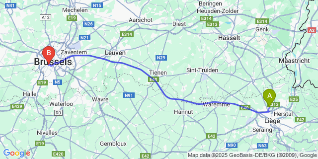 Map: Brussels Midi Train Station to Voroux-Lez-Liers