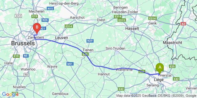 Map: Brussels Zaventem Airport (BRU) to Vottem