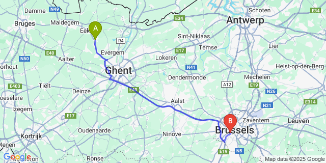 Map: Brussels Midi Train Station to Waarschoot