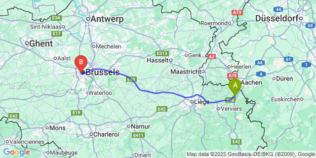 Map: Brussels Midi Train Station to Walhorn