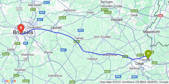 Map: Brussels Midi Train Station to Wandre