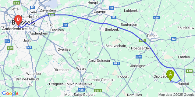 Map: Brussels Midi Train Station to Wansin