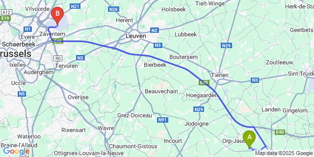 Map: Brussels Zaventem Airport (BRU) to Wansin