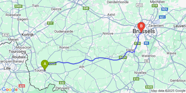 Map: Brussels Midi Train Station to Warchin