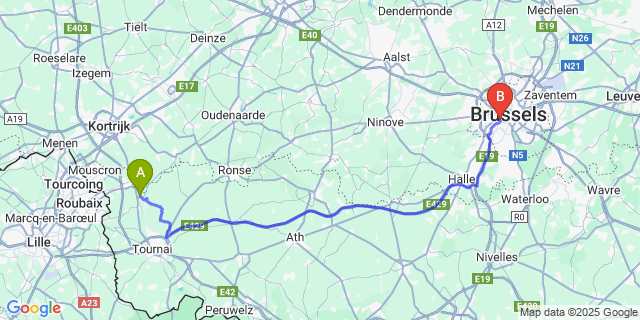 Map: Brussels Midi Train Station to Warcoing