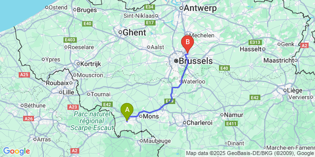 Map: Brussels Zaventem Airport (BRU) to Warquignies