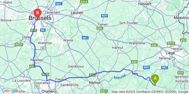 Map: Brussels Midi Train Station to Warzée