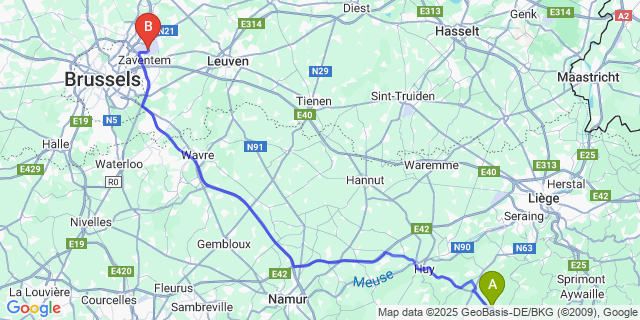 Map: Brussels Zaventem Airport (BRU) to Warzée