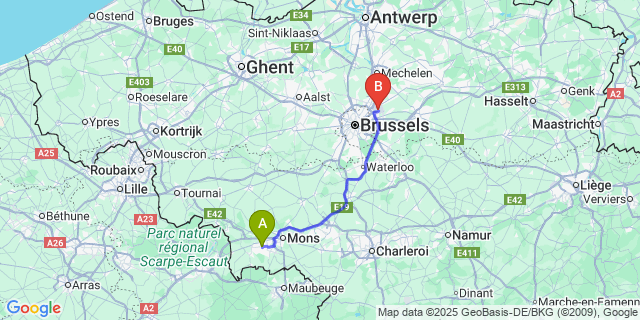 Map: Brussels Zaventem Airport (BRU) to Wasmes