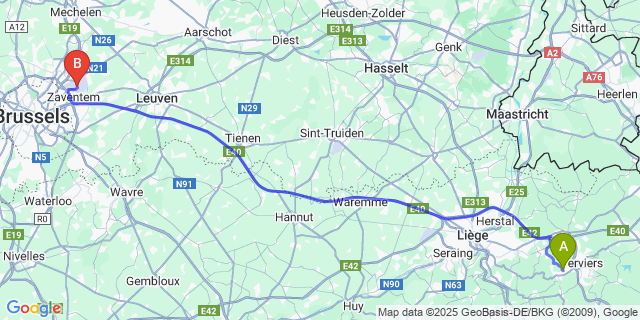Map: Brussels Zaventem Airport (BRU) to Wegnez