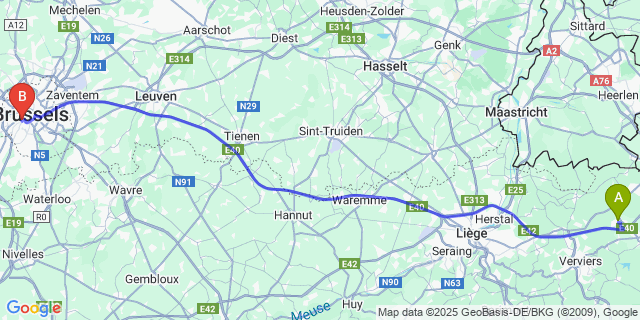 Map: Brussels Midi Train Station to Welkenraedt