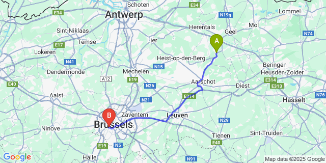 Map: Brussels Midi Train Station to Westerlo