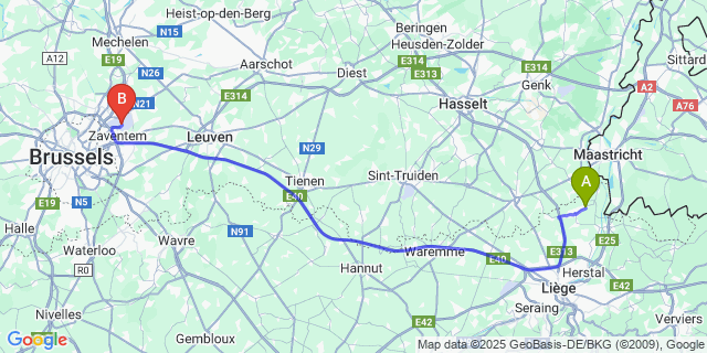 Map: Brussels Zaventem Airport (BRU) to Wonck