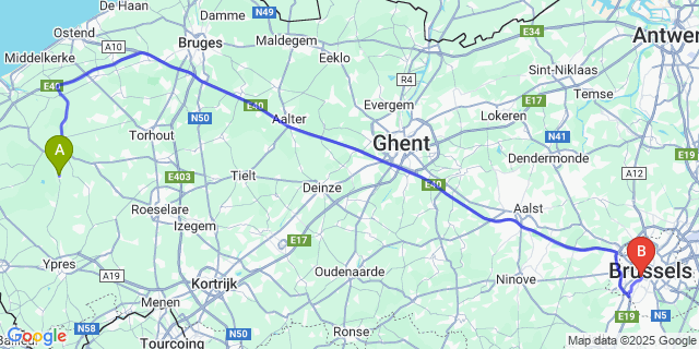 Map: Brussels Midi Train Station to Woumen