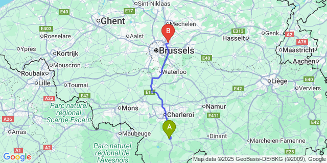 Map: Brussels Zaventem Airport (BRU) to Yves-Gomezée