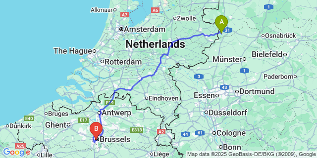 Map: Brussels Midi Train Station to Zande