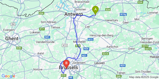 Map: Brussels Midi Train Station to Zandhoven