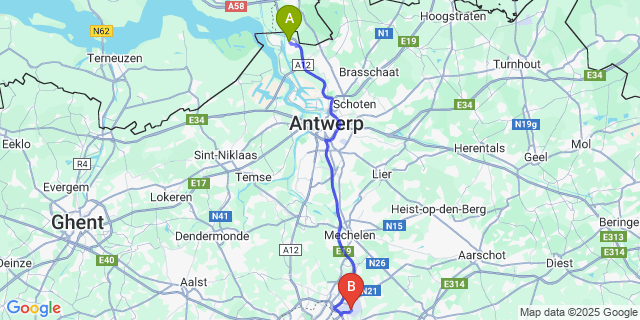 Map: Brussels Zaventem Airport (BRU) to Zandvliet