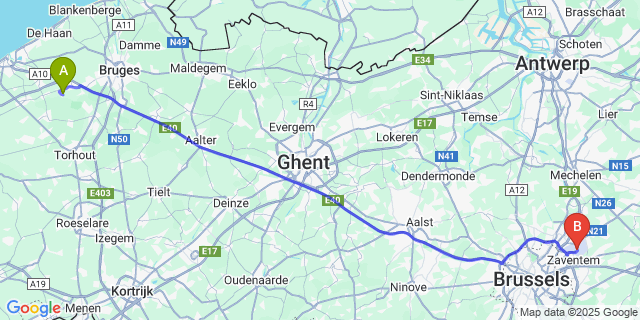 Map: Brussels Zaventem Airport (BRU) to Zerkegem