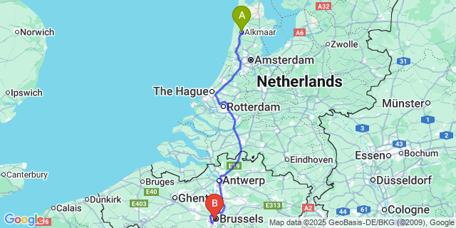 Map: Brussels Midi Train Station to Alkmaar