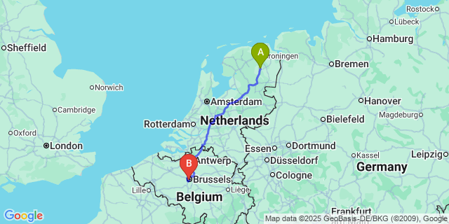 Map: Brussels Midi Train Station to Assen