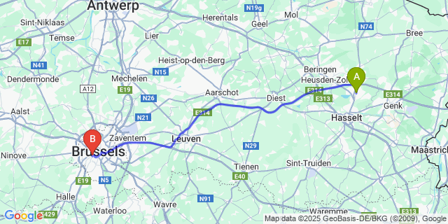 Map: Brussels Midi Train Station to Zonhoven