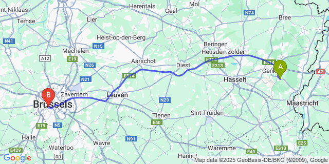 Map: Brussels Midi Train Station to Zutendaal