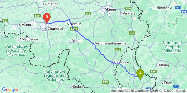 Map: Charleroi Airport Brussels South (CRL) to Larochette
