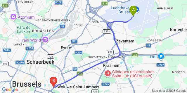 Map: Brussels Zaventem Airport (BRU) to 9Hotel Chelton, Brussels
