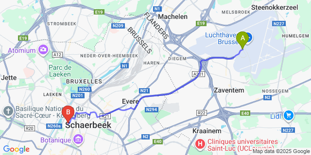 Map: Brussels Zaventem Airport (BRU) to a&o Brussel Centrum, Brussels