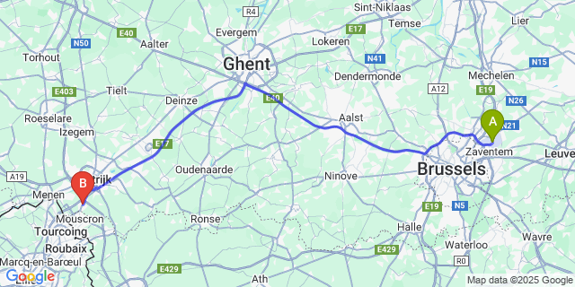 Map: Brussels Zaventem Airport (BRU) to Aalbeke