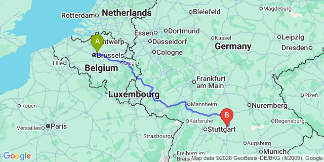Map: Brussels Zaventem Airport (BRU) to Aalen