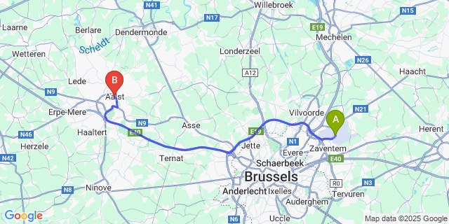 Map: Brussels Zaventem Airport (BRU) to Aalst