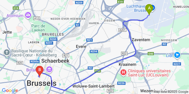 Map: Brussels Zaventem Airport (BRU) to Abberdeen, Brussels