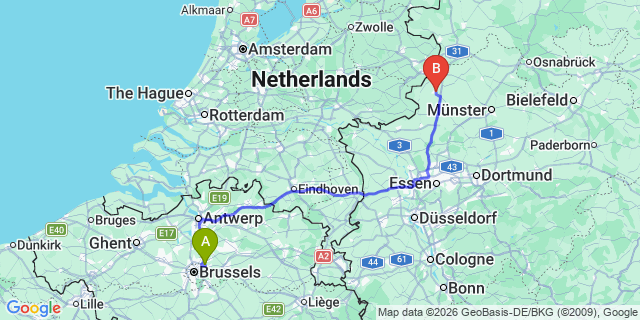 Map: Brussels Zaventem Airport (BRU) to Ahaus