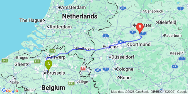 Map: Brussels Zaventem Airport (BRU) to Ahlen